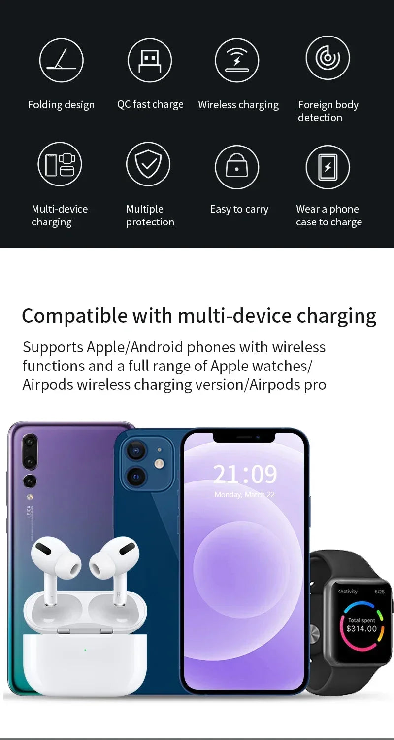 3 In 1 Wireless Charger Foldable LED Light Phone Stand For iPhone 16 15 14 13 12 Apple Watch10-2 AirPods Fast Charging Station