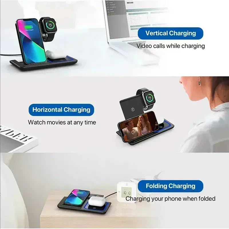 3 In 1 Wireless Charger Foldable LED Light Phone Stand For iPhone 16 15 14 13 12 Apple Watch10-2 AirPods Fast Charging Station