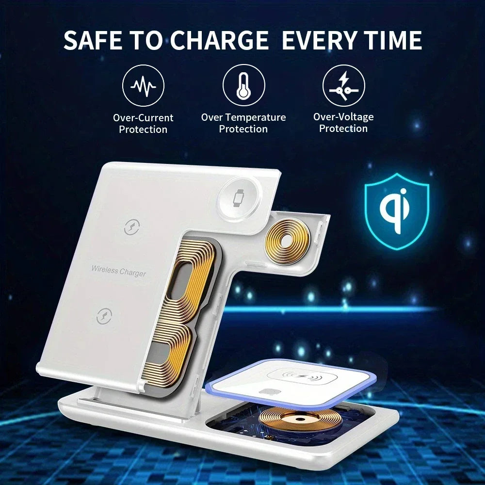 3 In 1 Wireless Charger Foldable LED Light Phone Stand For iPhone 16 15 14 13 12 Apple Watch10-2 AirPods Fast Charging Station