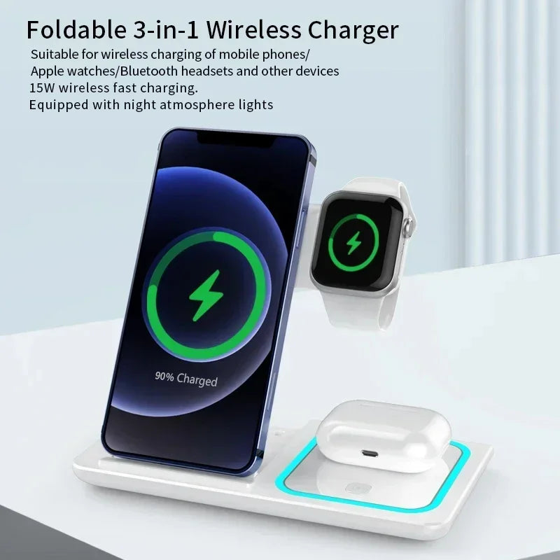 3 In 1 Wireless Charger Foldable LED Light Phone Stand For iPhone 16 15 14 13 12 Apple Watch10-2 AirPods Fast Charging Station