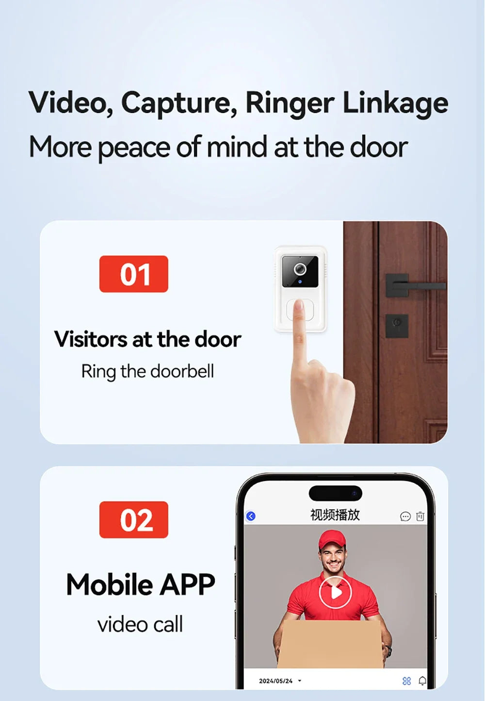 Tuya Wireless WiFi Doorbell Camera Video Two-Way Intercom Doorbell Smart Home Voice Change Doorbell Night Vision Security Camera