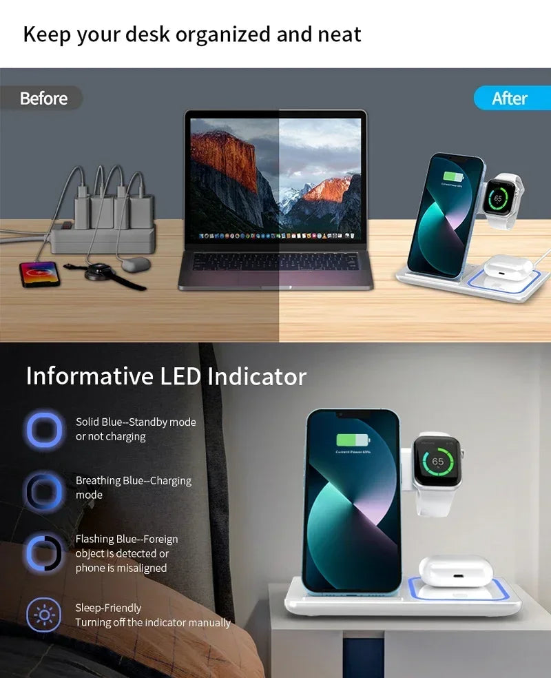 3 In 1 Wireless Charger Foldable LED Light Phone Stand For iPhone 16 15 14 13 12 Apple Watch10-2 AirPods Fast Charging Station
