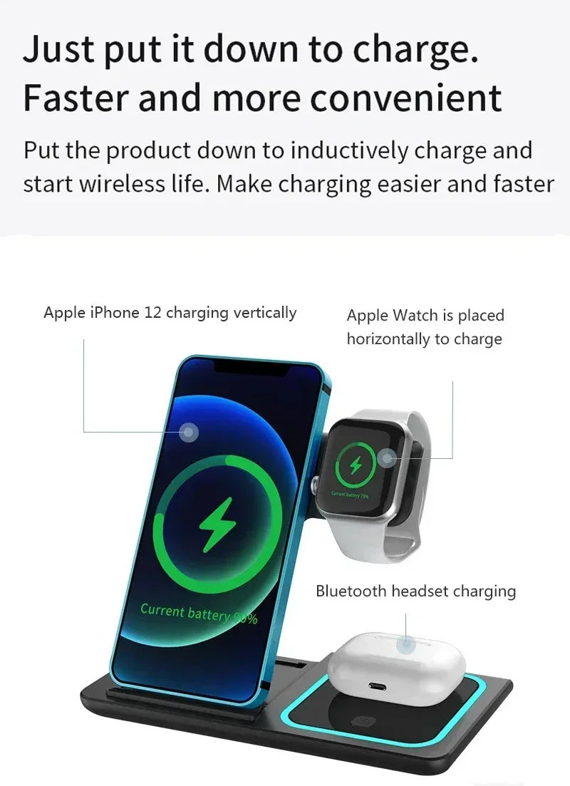3 In 1 Wireless Charger Foldable LED Light Phone Stand For iPhone 16 15 14 13 12 Apple Watch10-2 AirPods Fast Charging Station