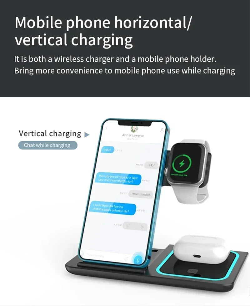3 In 1 Wireless Charger Foldable LED Light Phone Stand For iPhone 16 15 14 13 12 Apple Watch10-2 AirPods Fast Charging Station