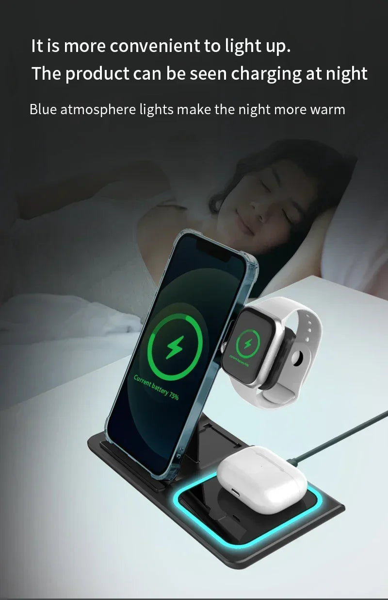 3 In 1 Wireless Charger Foldable LED Light Phone Stand For iPhone 16 15 14 13 12 Apple Watch10-2 AirPods Fast Charging Station