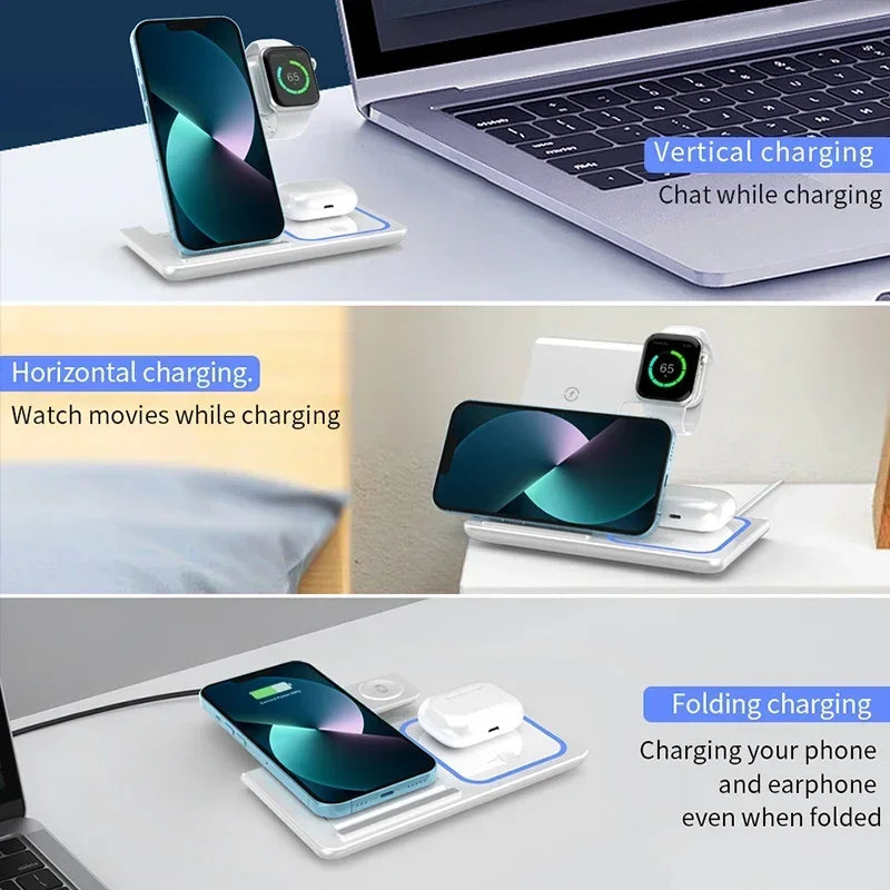 3 In 1 Wireless Charger Foldable LED Light Phone Stand For iPhone 16 15 14 13 12 Apple Watch10-2 AirPods Fast Charging Station