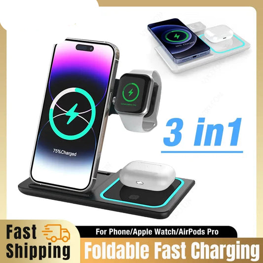 3 In 1 Wireless Charger Foldable LED Light Phone Stand For iPhone 16 15 14 13 12 Apple Watch10-2 AirPods Fast Charging Station
